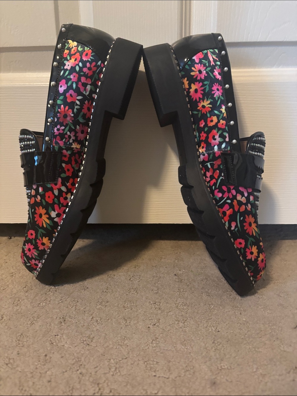 Betsey Johnson Black Floral Embellished Patent Loafers